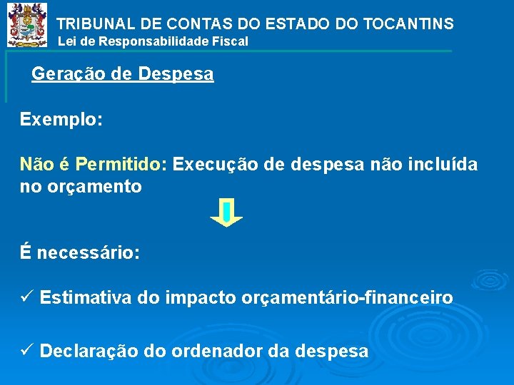 TRIBUNAL DE CONTAS DO ESTADO DO TOCANTINS Lei de Responsabilidade Fiscal Geração de Despesa