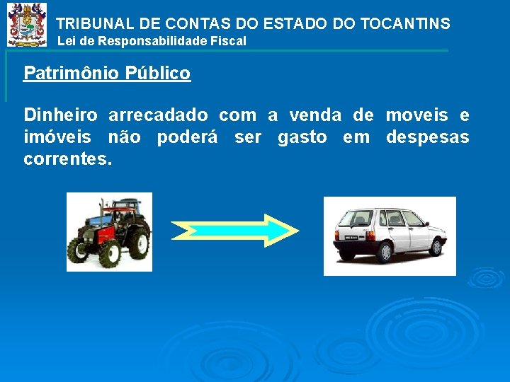 TRIBUNAL DE CONTAS DO ESTADO DO TOCANTINS Lei de Responsabilidade Fiscal Patrimônio Público Dinheiro