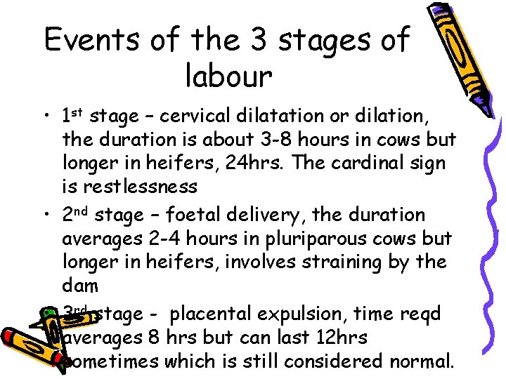 Events of the 3 stages of labour • 1 st stage – cervical dilatation
