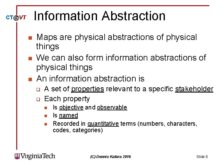 Information Abstraction CT@VT n n n Maps are physical abstractions of physical things We