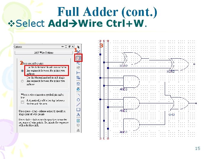 Full Adder (cont. ) v. Select Add Wire Ctrl+W. 1 3 2 15 