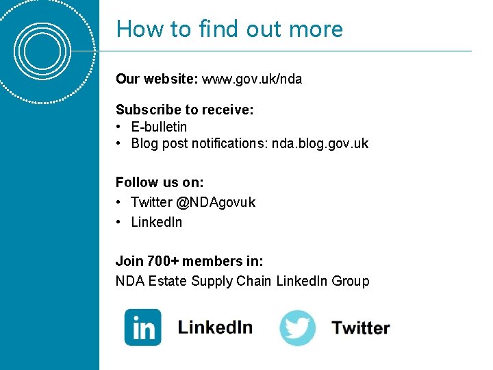 How to find out more Our website: www. gov. uk/nda Subscribe to receive: •