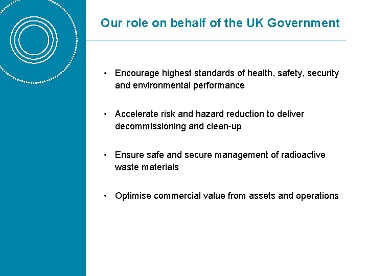 Our role on behalf of the UK Government • Encourage highest standards of health,