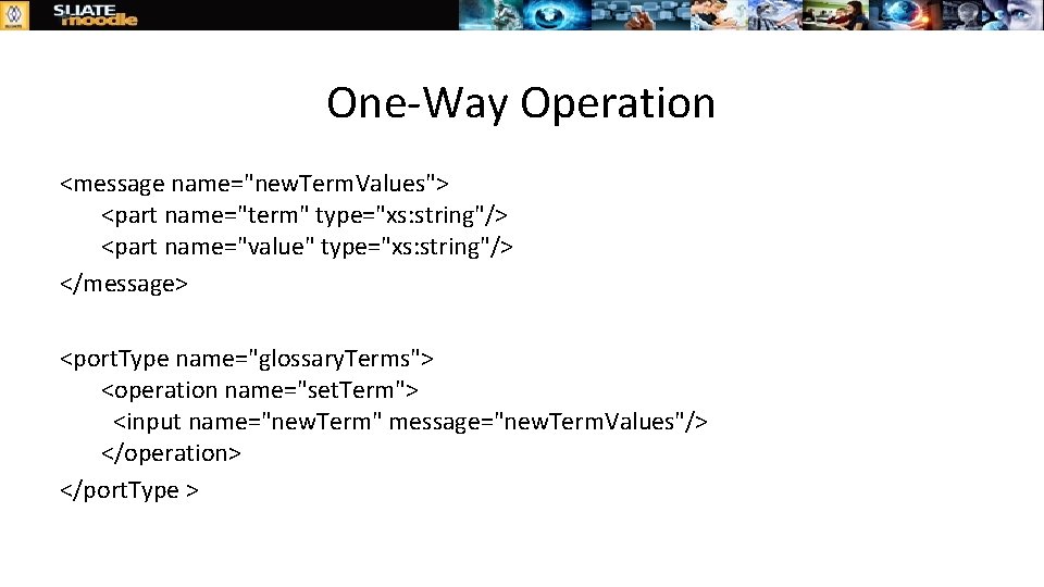 One-Way Operation <message name="new. Term. Values"> <part name="term" type="xs: string"/> <part name="value" type="xs: string"/>