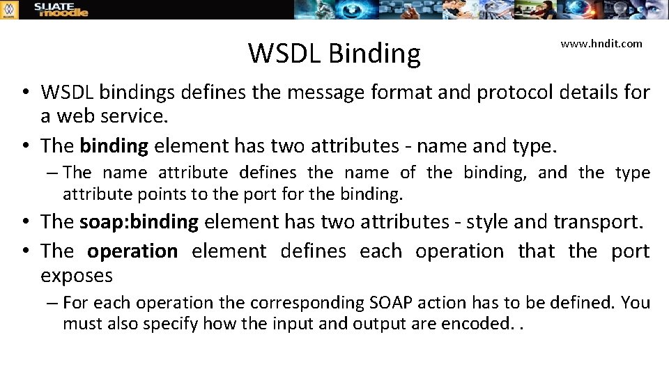 WSDL Binding www. hndit. com • WSDL bindings defines the message format and protocol