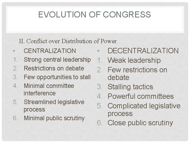 EVOLUTION OF CONGRESS II. Conflict over Distribution of Power • 1. 2. 3. 4.