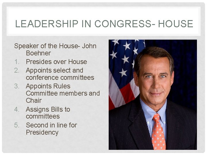 LEADERSHIP IN CONGRESS- HOUSE Speaker of the House- John Boehner 1. Presides over House