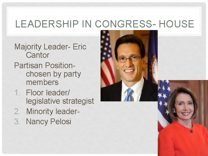 LEADERSHIP IN CONGRESS- HOUSE Majority Leader- Eric Cantor Partisan Positionchosen by party members 1.