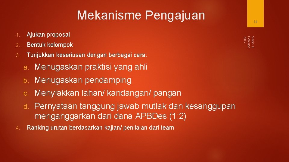 Mekanisme Pengajuan Ajukan proposal 2. Bentuk kelompok 3. Tunjukkan keseriusan dengan berbagai cara: 4.