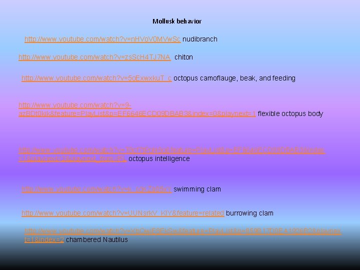 Mollusk behavior http: //www. youtube. com/watch? v=n. HVo. V 0 MVw. Sc nudibranch http: