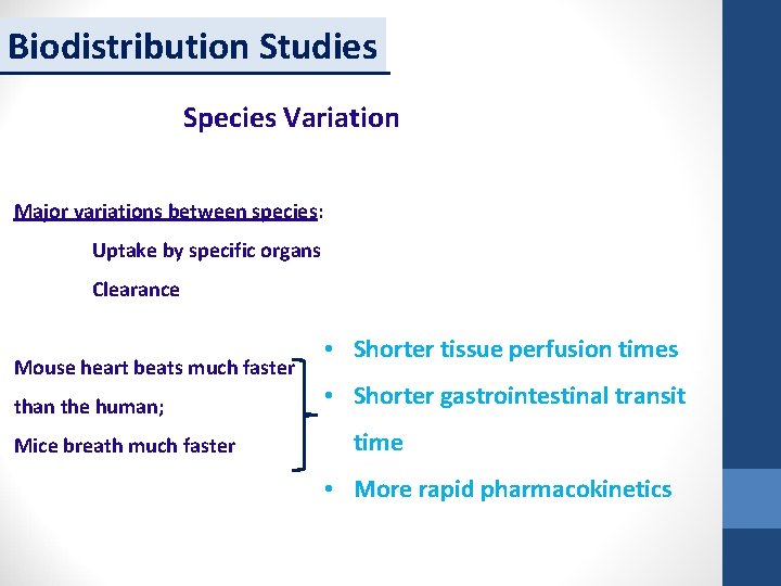 Biodistribution Studies Species Variation Major variations between species: Uptake by specific organs Clearance Mouse