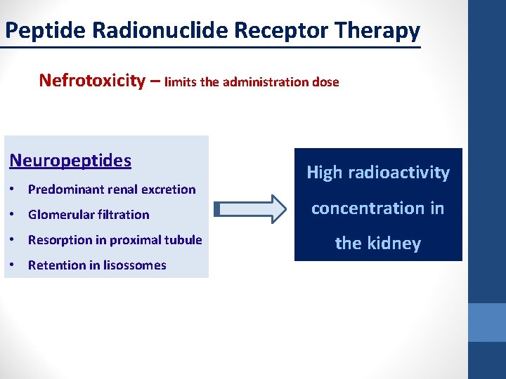 Peptide Radionuclide Receptor Therapy Nefrotoxicity – limits the administration dose Neuropeptides • Predominant renal
