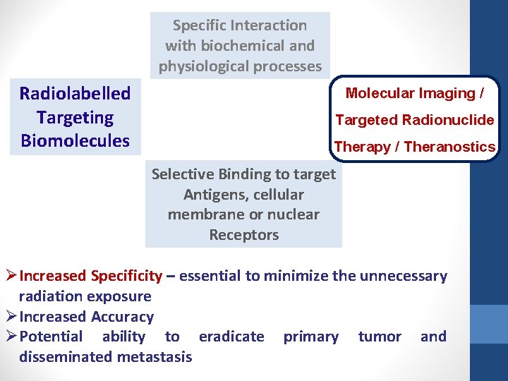 Specific Interaction with biochemical and physiological processes Radiolabelled Targeting Biomolecules Molecular Imaging / Targeted