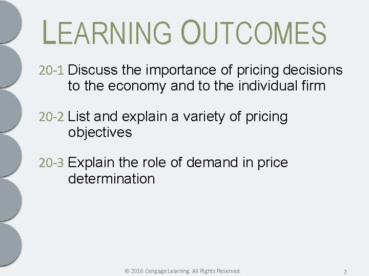 LEARNING OUTCOMES 20 -1 Discuss the importance of pricing decisions to the economy and