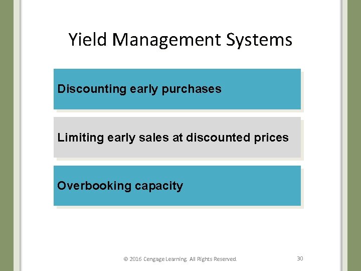 Yield Management Systems Discounting early purchases Limiting early sales at discounted prices Overbooking capacity