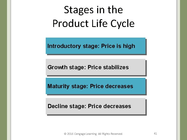 Stages in the Product Life Cycle Introductory stage: Price is high Growth stage: Price