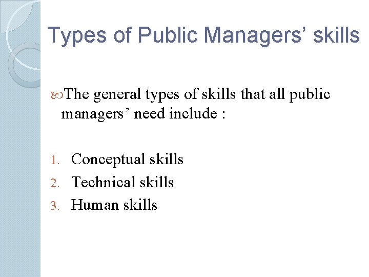Types of Public Managers’ skills The general types of skills that all public managers’ Types of Public Managers’ skills The general types of skills that all public managers’
