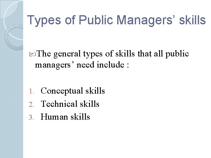 Types of Public Managers’ skills The general types of skills that all public managers’