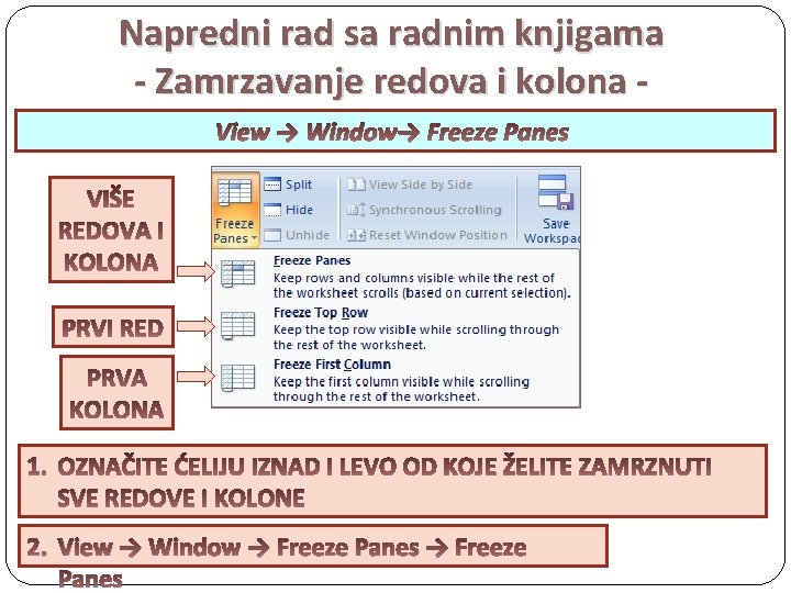 Napredni rad sa radnim knjigama - Zamrzavanje redova i kolona View → Window→ Freeze