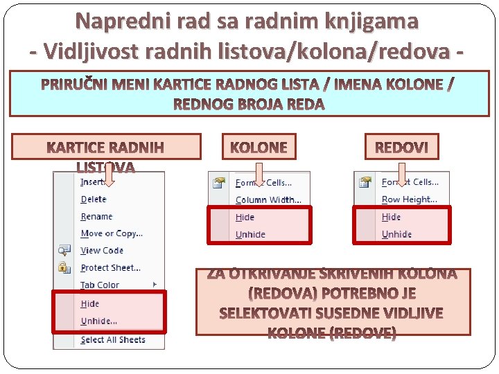 Napredni rad sa radnim knjigama - Vidljivost radnih listova/kolona/redova PRIRUČNI MENI KARTICE RADNOG LISTA