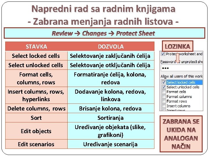 Napredni rad sa radnim knjigama - Zabrana menjanja radnih listova Review → Changes →