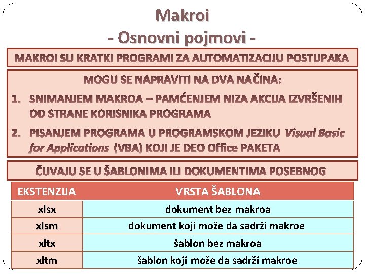 Makroi - Osnovni pojmovi MAKROI SU KRATKI PROGRAMI ZA AUTOMATIZACIJU POSTUPAKA MOGU SE NAPRAVITI