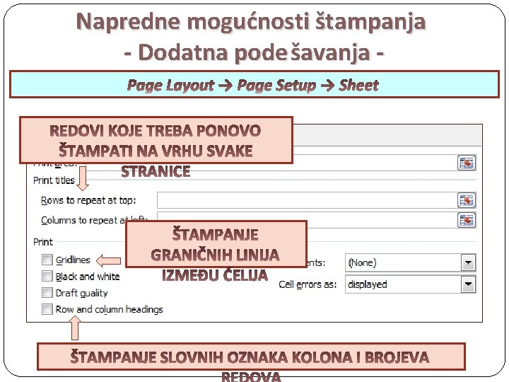 Napredne mogućnosti štampanja - Dodatna pode šavanja Page Layout → Page Setup → Sheet