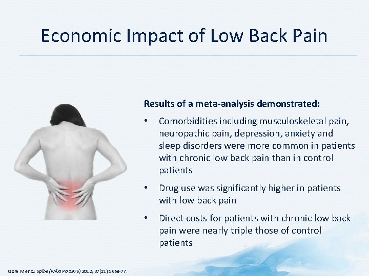 Economic Impact of Low Back Pain Results of a meta-analysis demonstrated: Gore M et