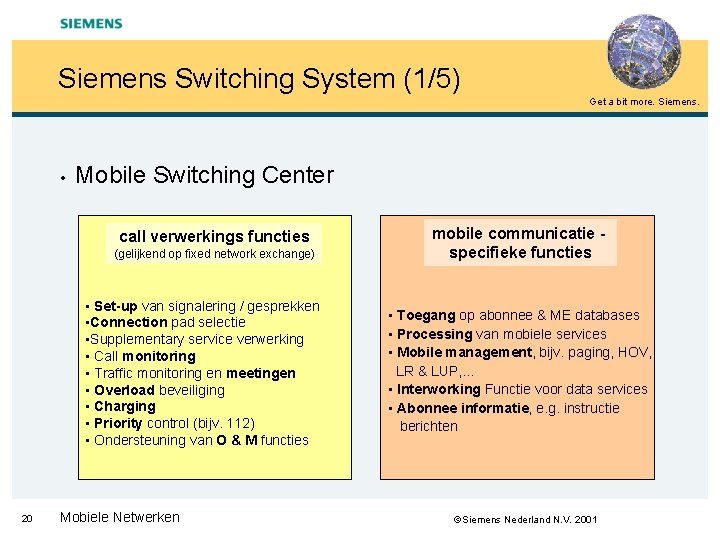 Siemens Switching System (1/5) Get a bit more. Siemens. • Mobile Switching Center call