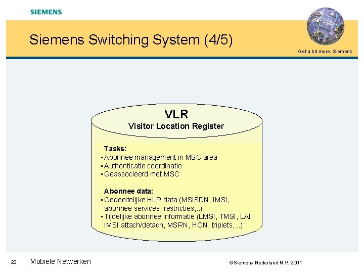 Siemens Switching System (4/5) Get a bit more. Siemens. VLR Visitor Location Register Tasks: