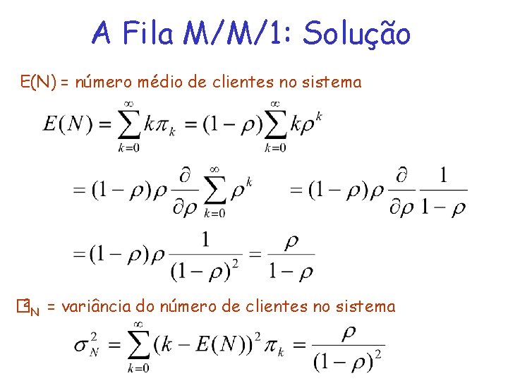 A Fila M/M/1: Solução E(N) = número médio de clientes no sistema 2 �