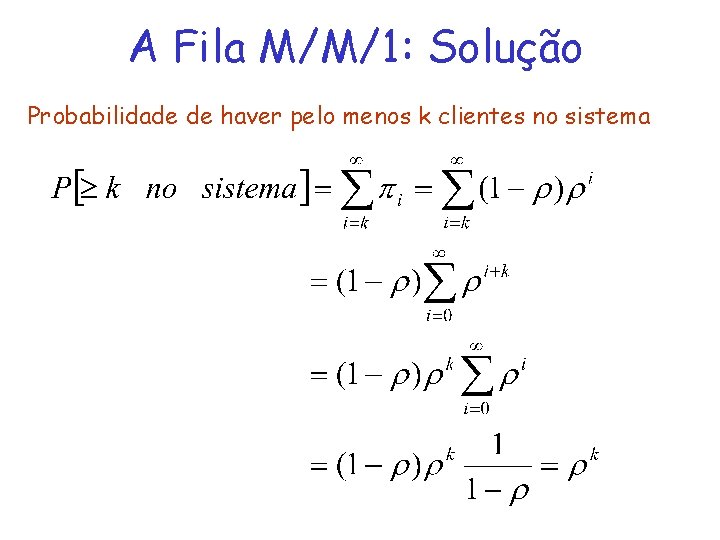 A Fila M/M/1: Solução Probabilidade de haver pelo menos k clientes no sistema 