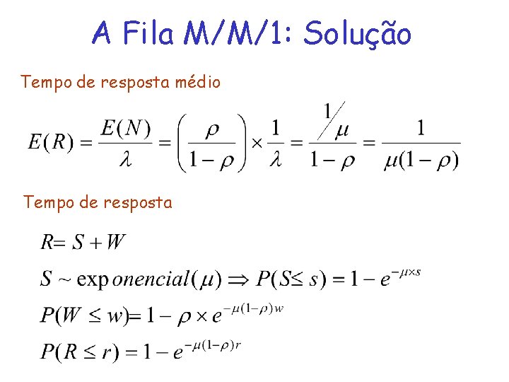 A Fila M/M/1: Solução Tempo de resposta médio Tempo de resposta 