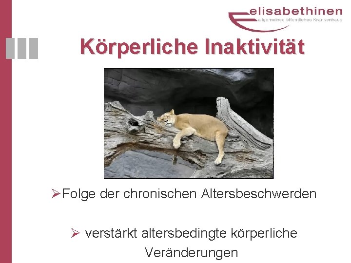 Körperliche Inaktivität ØFolge der chronischen Altersbeschwerden Ø verstärkt altersbedingte körperliche Veränderungen 