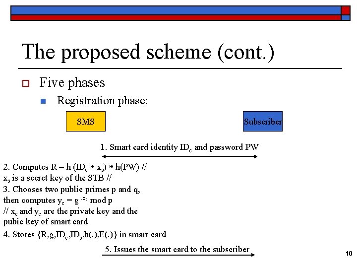 The proposed scheme (cont. ) o Five phases n Registration phase: SMS Subscriber 1.