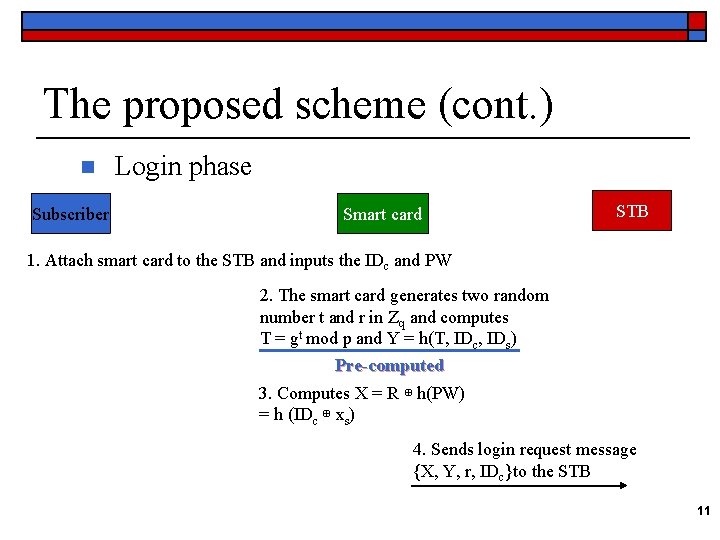 The proposed scheme (cont. ) n Subscriber Login phase Smart card STB 1. Attach