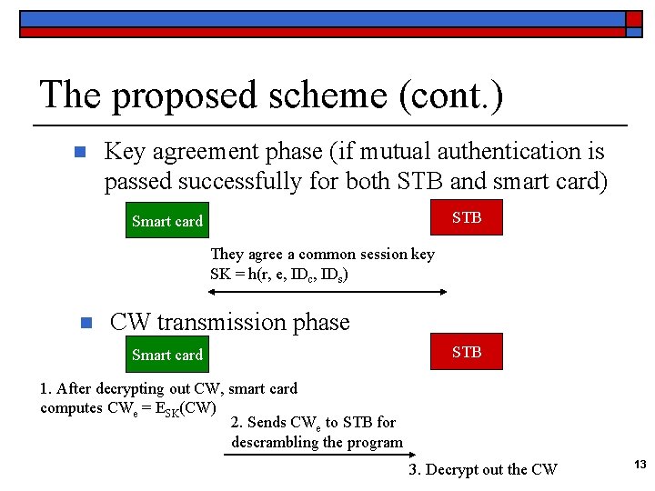 The proposed scheme (cont. ) n Key agreement phase (if mutual authentication is passed