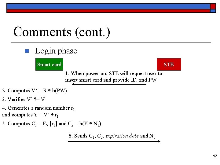 Comments (cont. ) n Login phase Smart card STB 1. When power on, STB