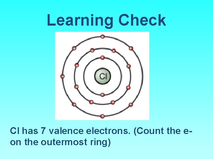 Learning Check Cl has 7 valence electrons. (Count the e- on the outermost ring)