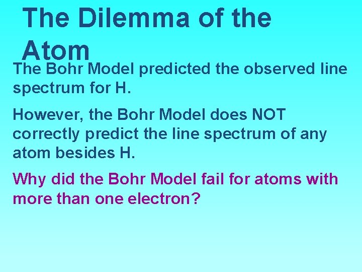 The Dilemma of the Atom The Bohr Model predicted the observed line spectrum for