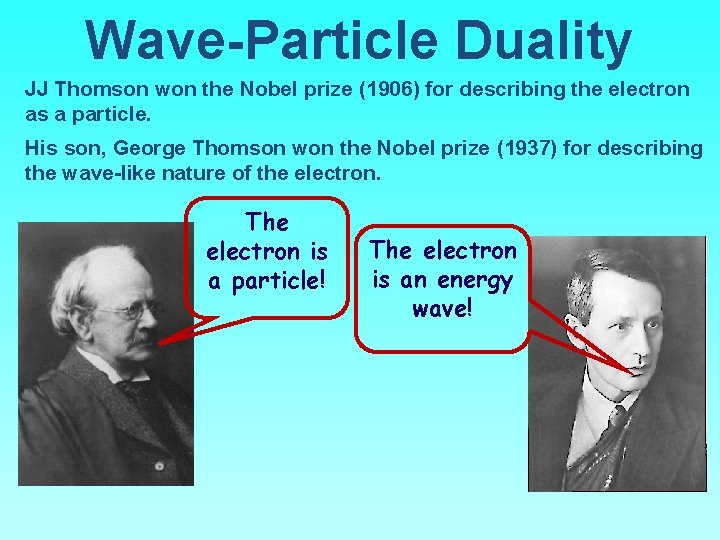 Wave-Particle Duality JJ Thomson won the Nobel prize (1906) for describing the electron as