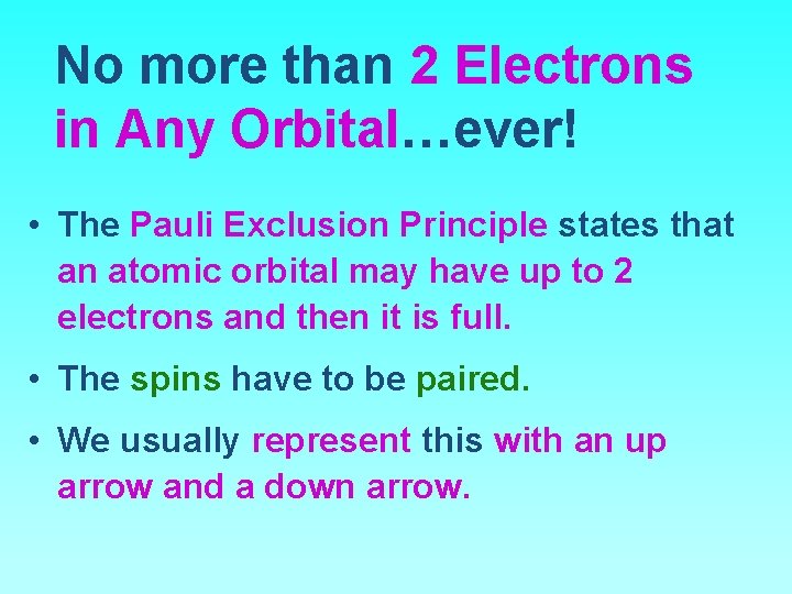 No more than 2 Electrons in Any Orbital…ever! • The Pauli Exclusion Principle states