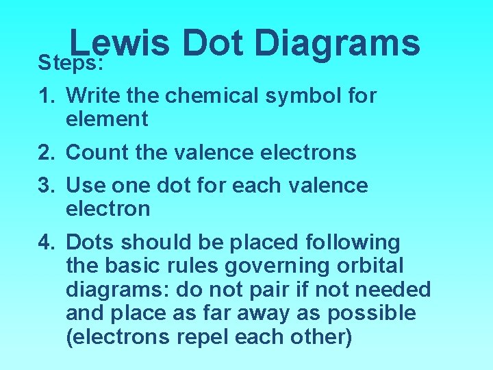 Lewis Dot Diagrams Steps: 1. Write the chemical symbol for element 2. Count the
