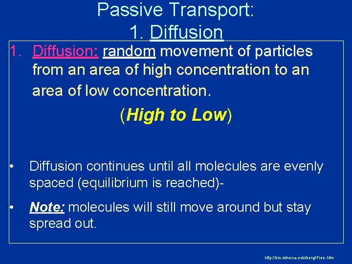 Passive Transport: 1. Diffusion: random movement of particles from an area of high concentration