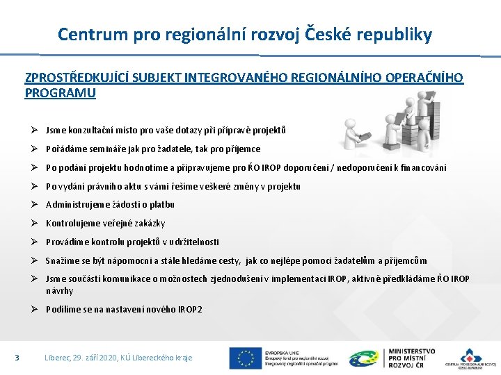 Centrum pro regionální rozvoj České republiky ZPROSTŘEDKUJÍCÍ SUBJEKT INTEGROVANÉHO REGIONÁLNÍHO OPERAČNÍHO PROGRAMU Ø Jsme