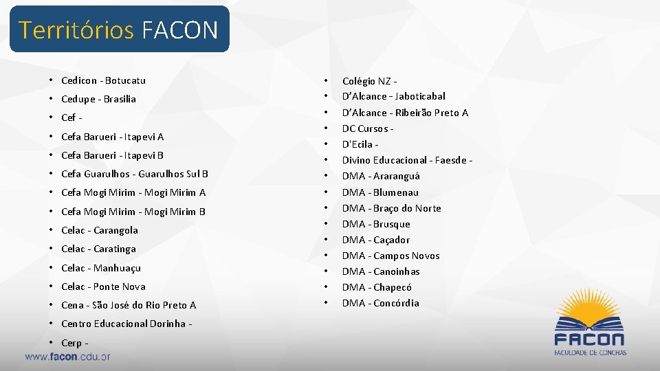 Territórios FACON • Cedicon - Botucatu • Cedupe - Brasilia • Cef - •