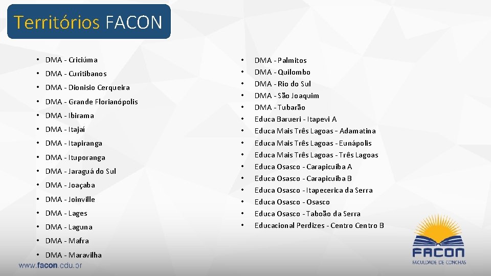 Territórios FACON • DMA - Criciúma • DMA - Curitibanos • DMA - Dionisio