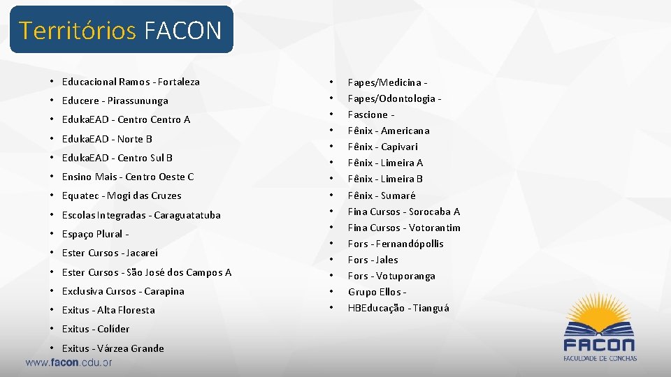 Territórios FACON • Educacional Ramos - Fortaleza • Educere - Pirassununga • Eduka. EAD
