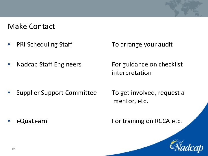 Make Contact • PRI Scheduling Staff To arrange your audit • Nadcap Staff Engineers