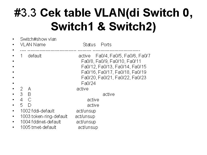 #3. 3 Cek table VLAN(di Switch 0, Switch 1 & Switch 2) • •